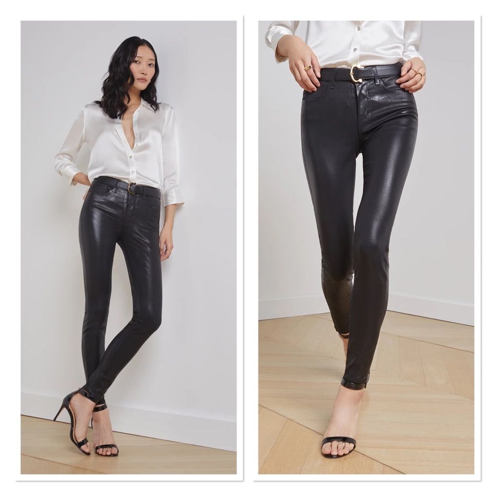 L’AGENCE Marguerite Black Coated Jean High Rise Skinny Faux Leather 27 Modal